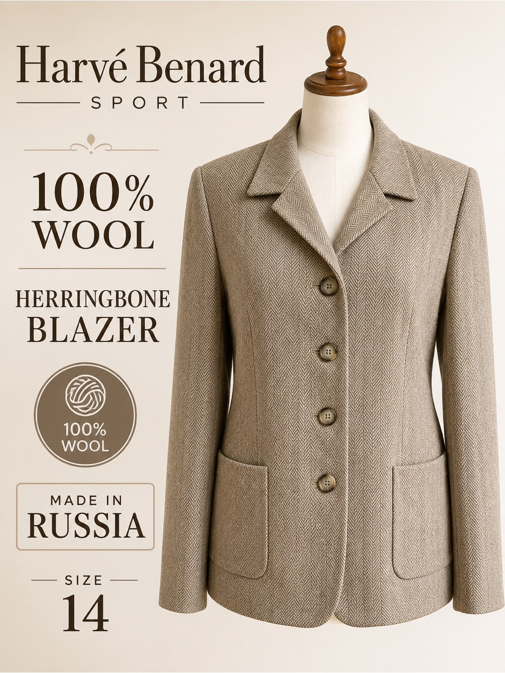 Harvé Benard Taupe Herringbone Wool Blazer made in Russia